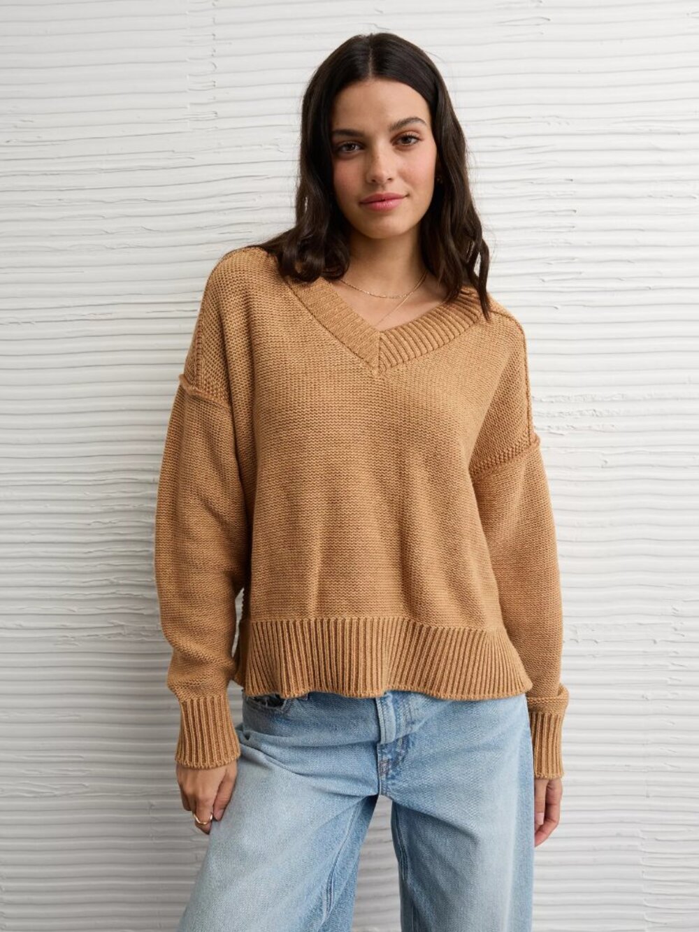 American Eagle Long Weekend V-Neck Pullover Sweater Faded Brown Medium
